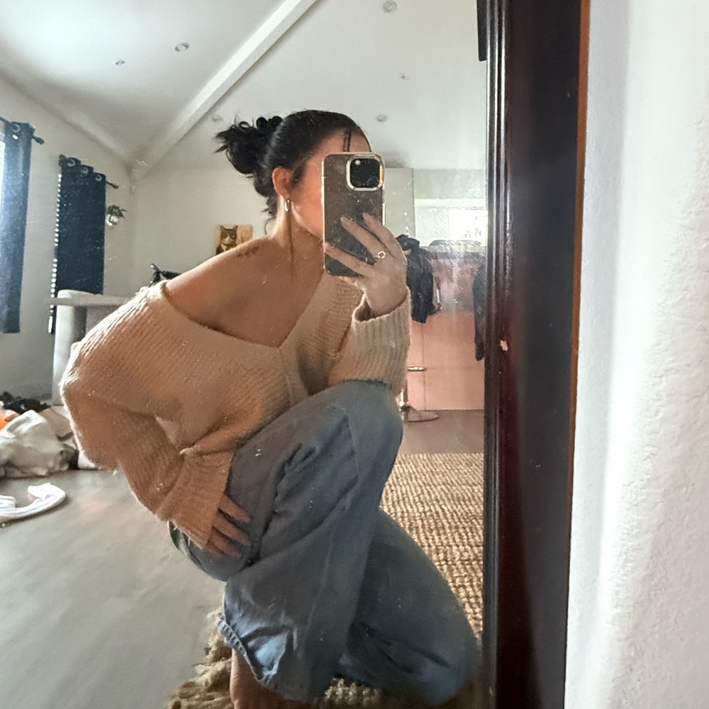 Free People Beige V-Neck Sweater